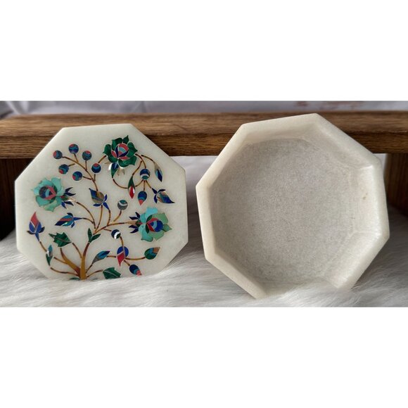 Marquetry Malachite Lapis Floral Hakik Marble Jewelry Box with Handmade Inlay - Picture 3 of 10